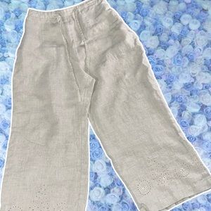 Vintage High Waisted Linen Capri Eyelet Cropped Pants Wide Leg Drawstring Small